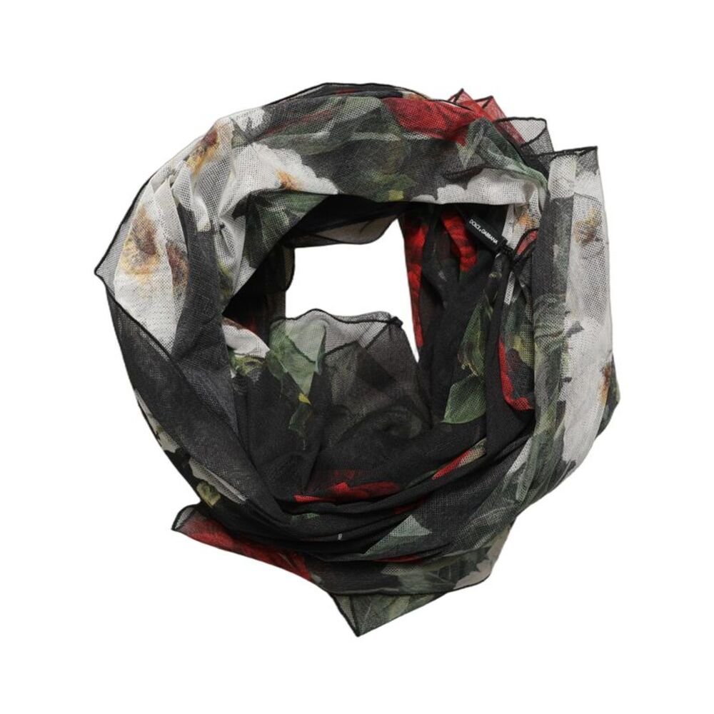 Dolce & Gabbana Black Floral Print Cotton Shawl Stole Women's Scarf